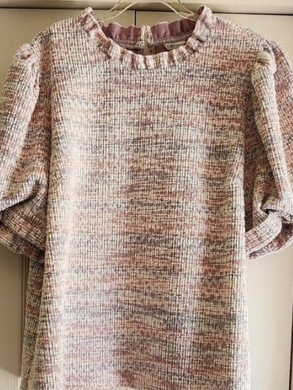 Cato Pink Tweed Balloon Sleeve Top Ruffle Neck Office Preppy Classic Sz XL